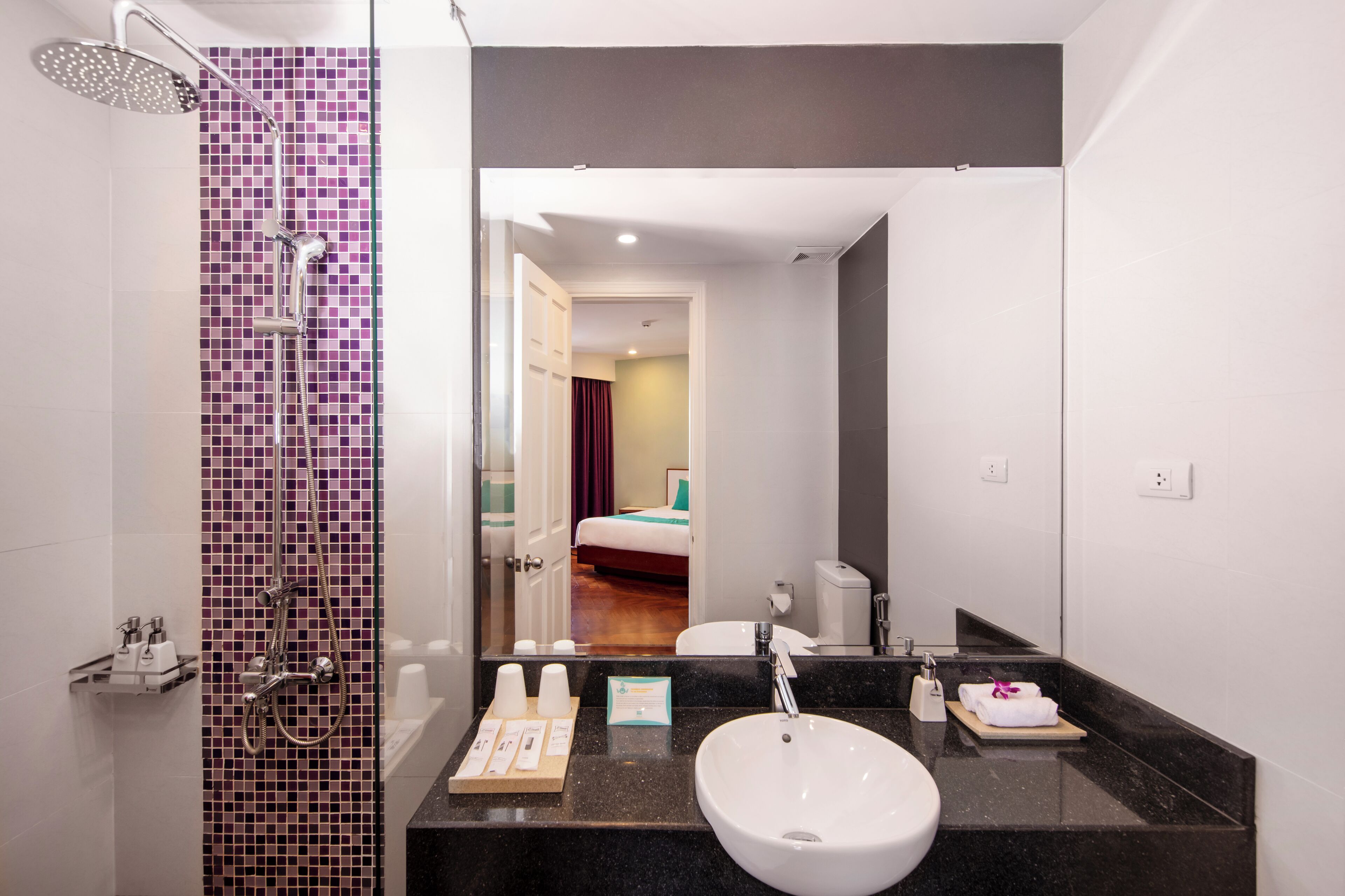 shower, designer toiletries, hair dryer, bathrobes