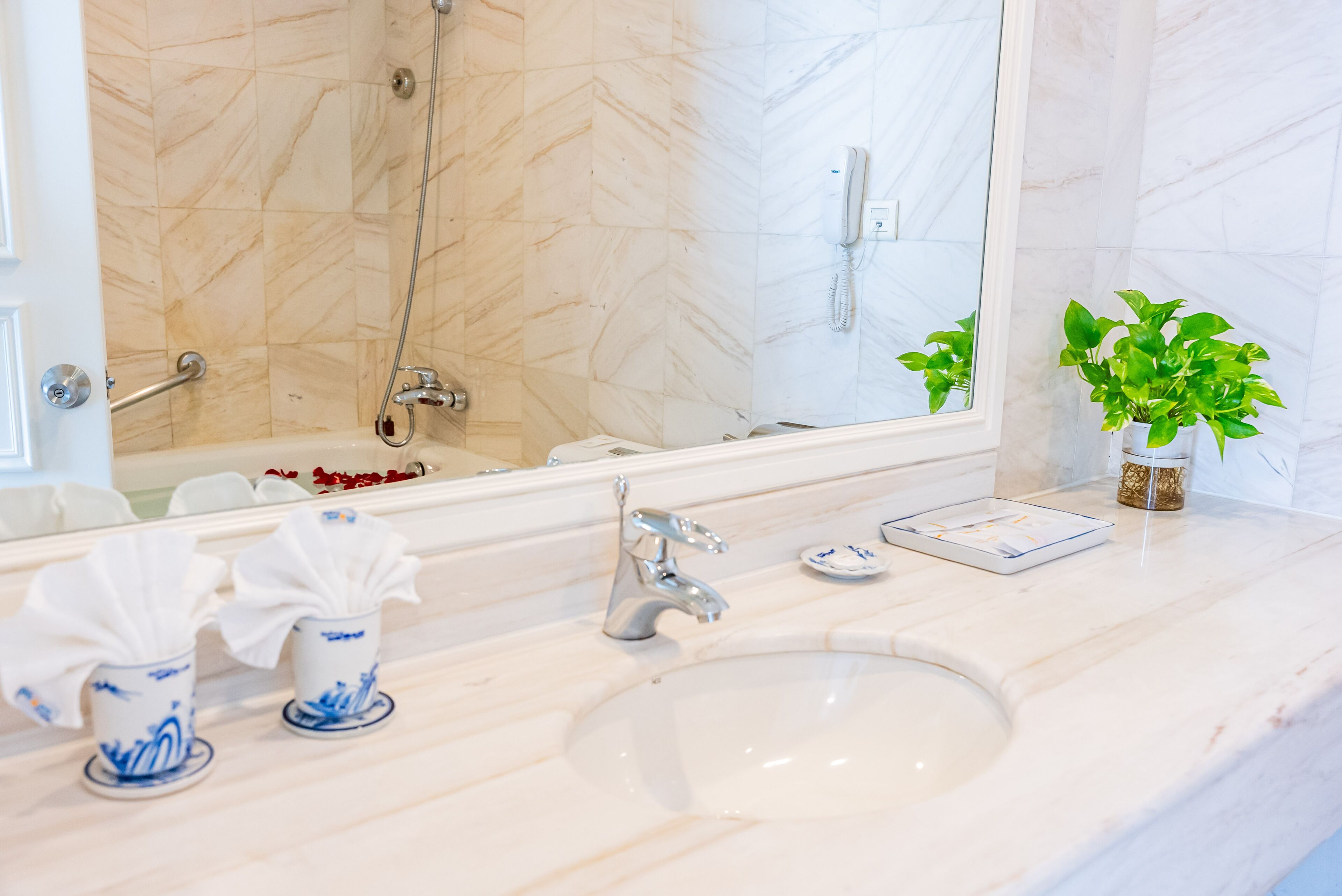 Une salle de bain avec un lavabo en marbre, une douchette à main, un miroir et une plante en pot.