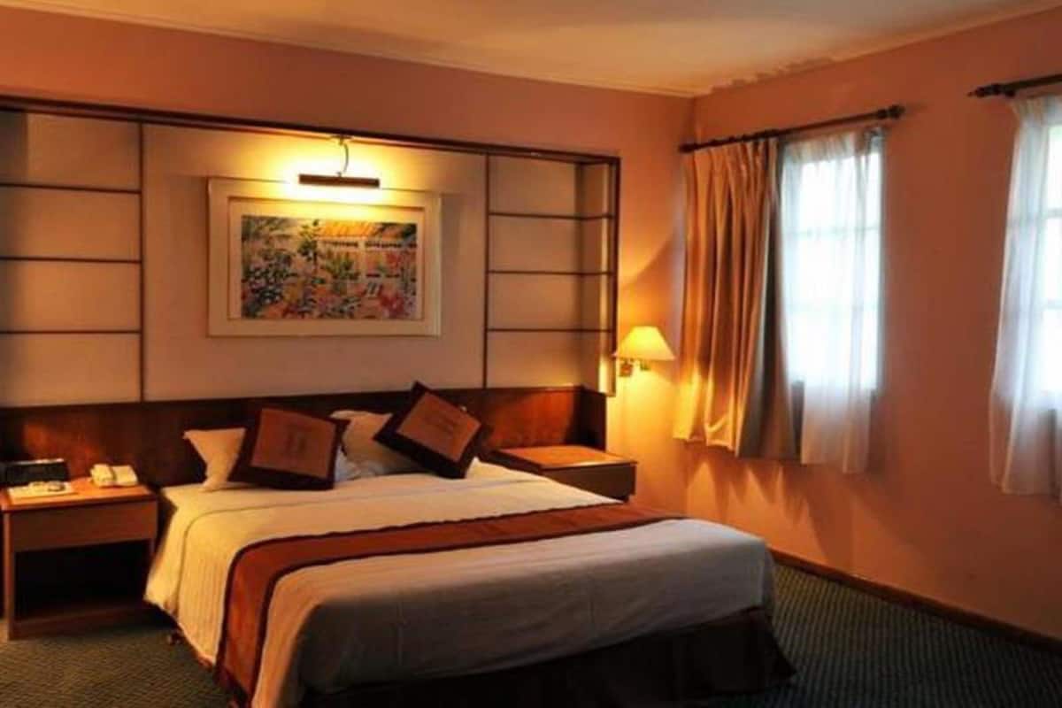 Une chambre d’hôtel avec un grand lit, une table de chevet, une lampe fixée au mur et une fenêtre avec des rideaux.