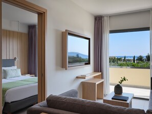 One Bedroom Superior Family Room Sea View | Living area | TV - Atlantica Mikri Poli Rhodes - All Inclusive (Rhodes)
