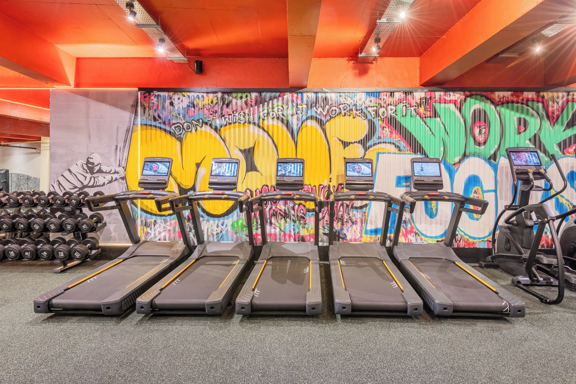 A gym with treadmills, dumbbells, and a graffiti-covered wall.