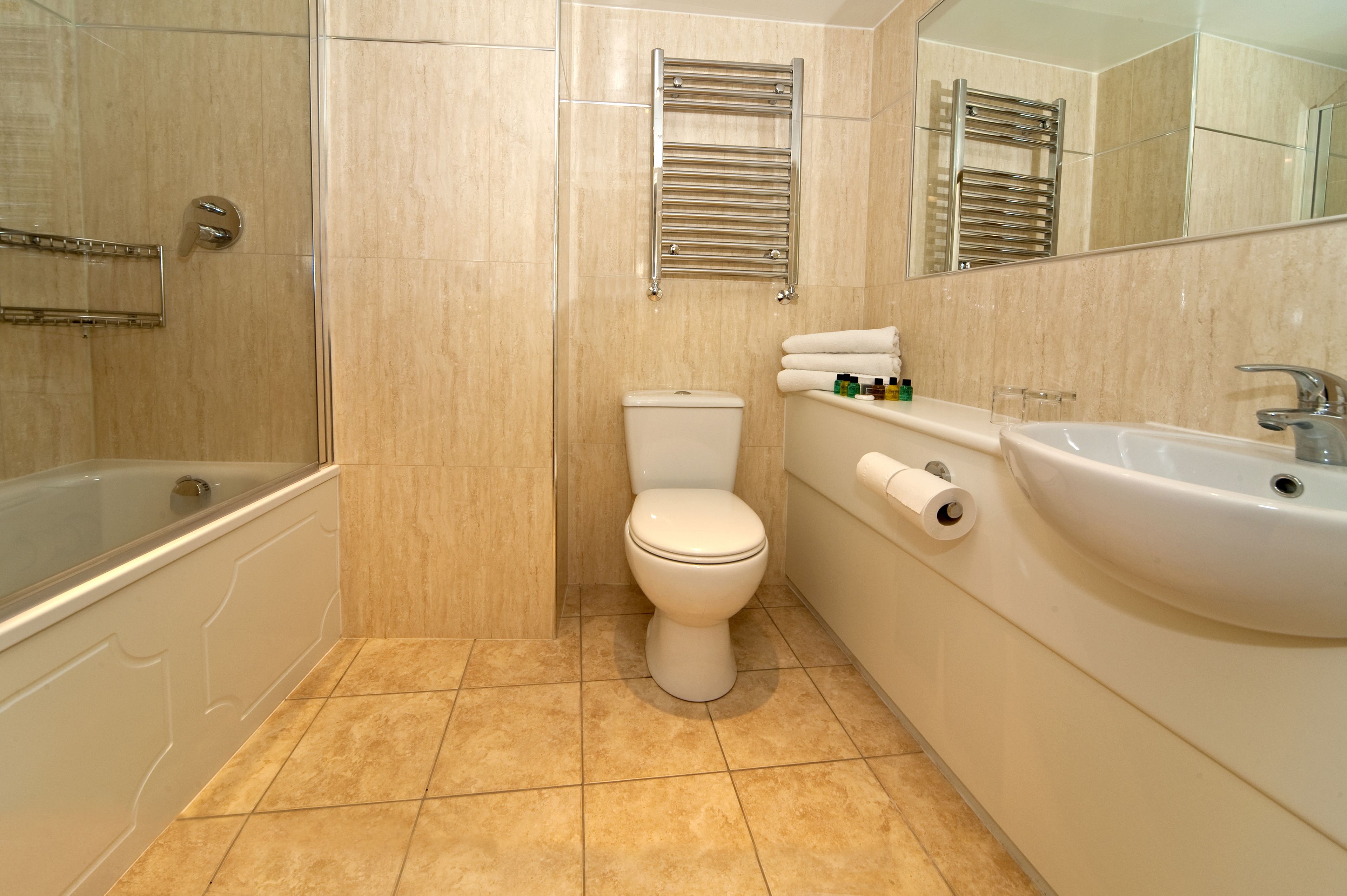 combined shower/bathtub, free toiletries, hair dryer, towels