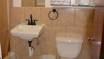Combined shower/bathtub, free toiletries, hair dryer, towels