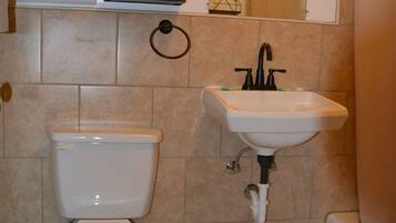 A bathroom with a toilet, sink, and shower.