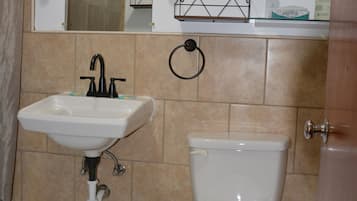 A bathroom with a sink, toilet, and mirror.