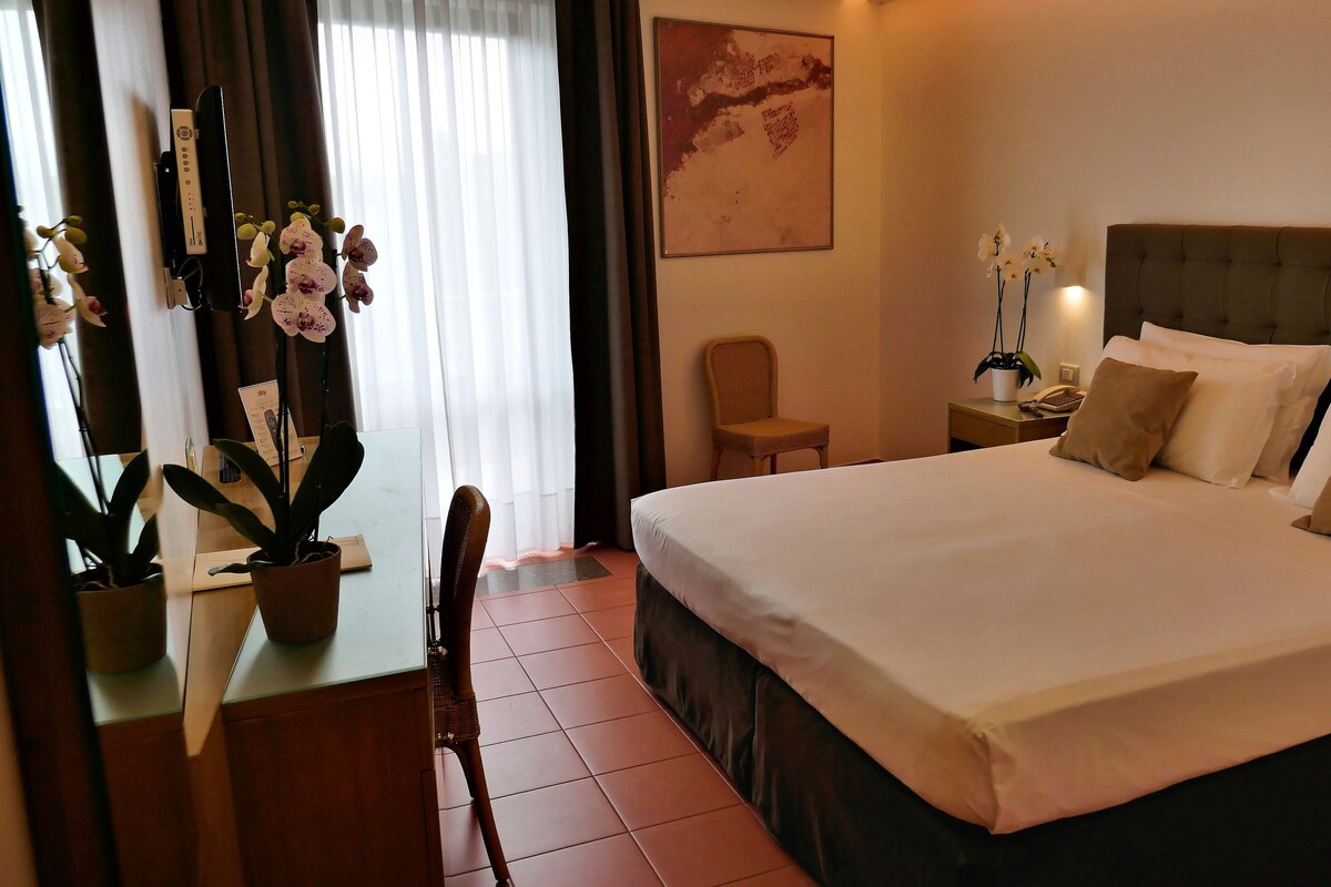A hotel room with a large bed, a desk with a chair, a potted plant, and a wall-mounted TV.