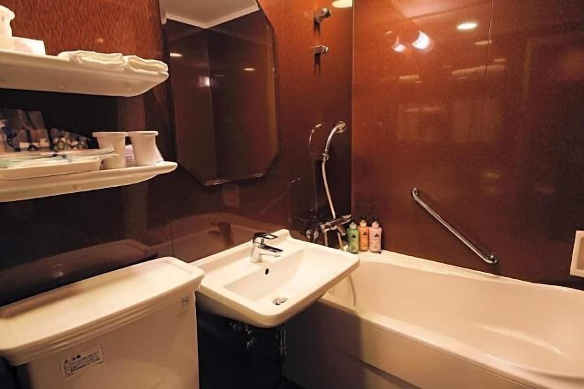 Badkamer | Een bad/douchecombinatie, gratis toiletartikelen, een haardroger