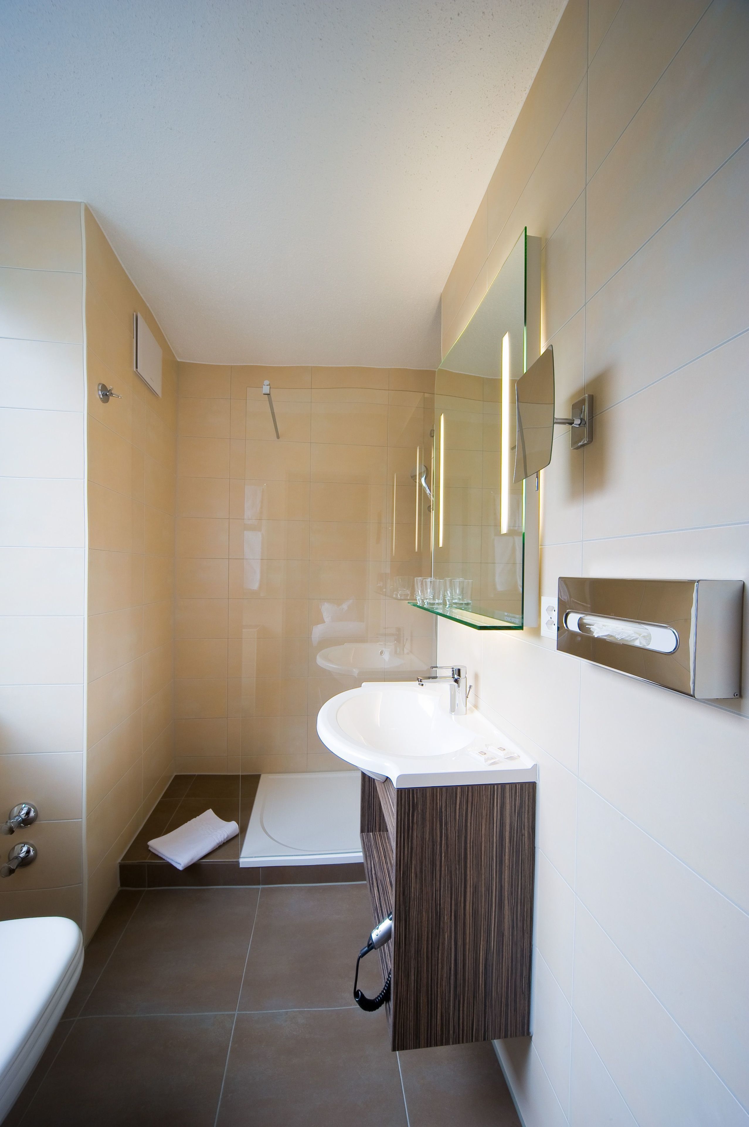 Une salle de bain moderne équipée d’une douche, de toilettes et d’un lavabo.