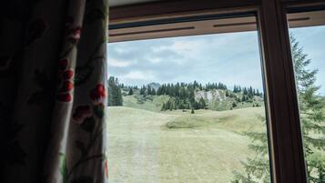 A view from a window with a curtain, overlooking a grassy landscape with trees and a mountain in the distance.