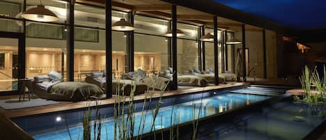 Indoor pool, outdoor pool, pool loungers