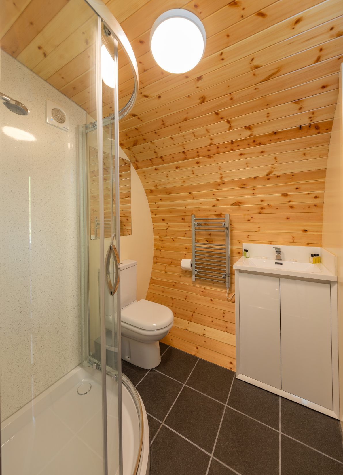 A bathroom with a glass shower enclosure, a toilet, and a sink with a towel rack.