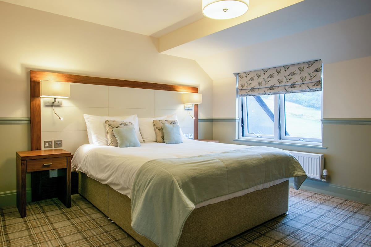A bedroom with a large bed, a nightstand, a window with a view, and a ceiling light.