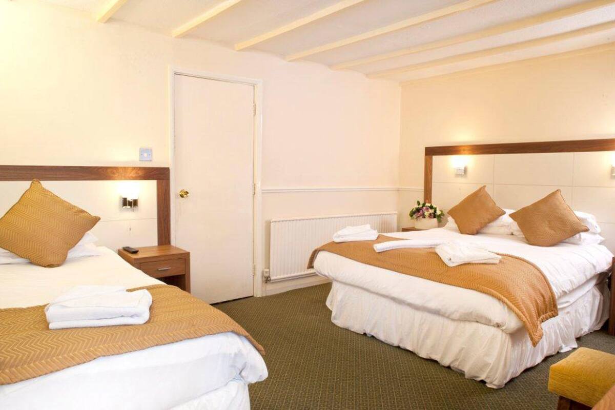 A hotel room with two beds, each with a wooden headboard, white bedding, and brown throw pillows. There are bedside tables with lamps and a small plant on one table.