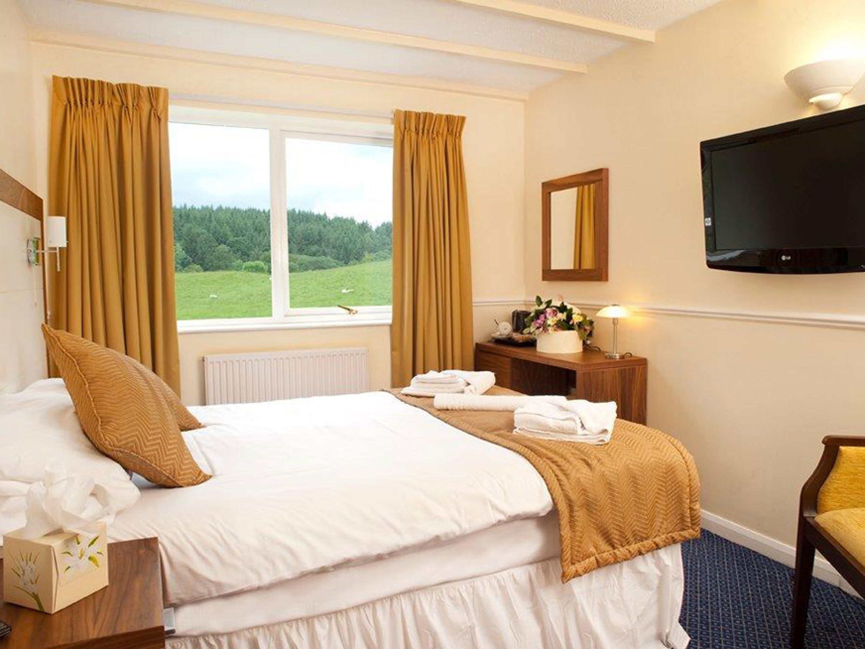 Habitación de hotel con cama, escritorio con lámpara, televisión y vistas al exterior.