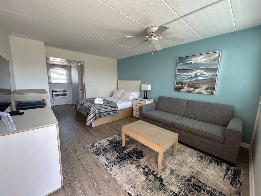 A bedroom with a bed, a bedside table, a nightstand, a sofa, a desk, and a ceiling fan.