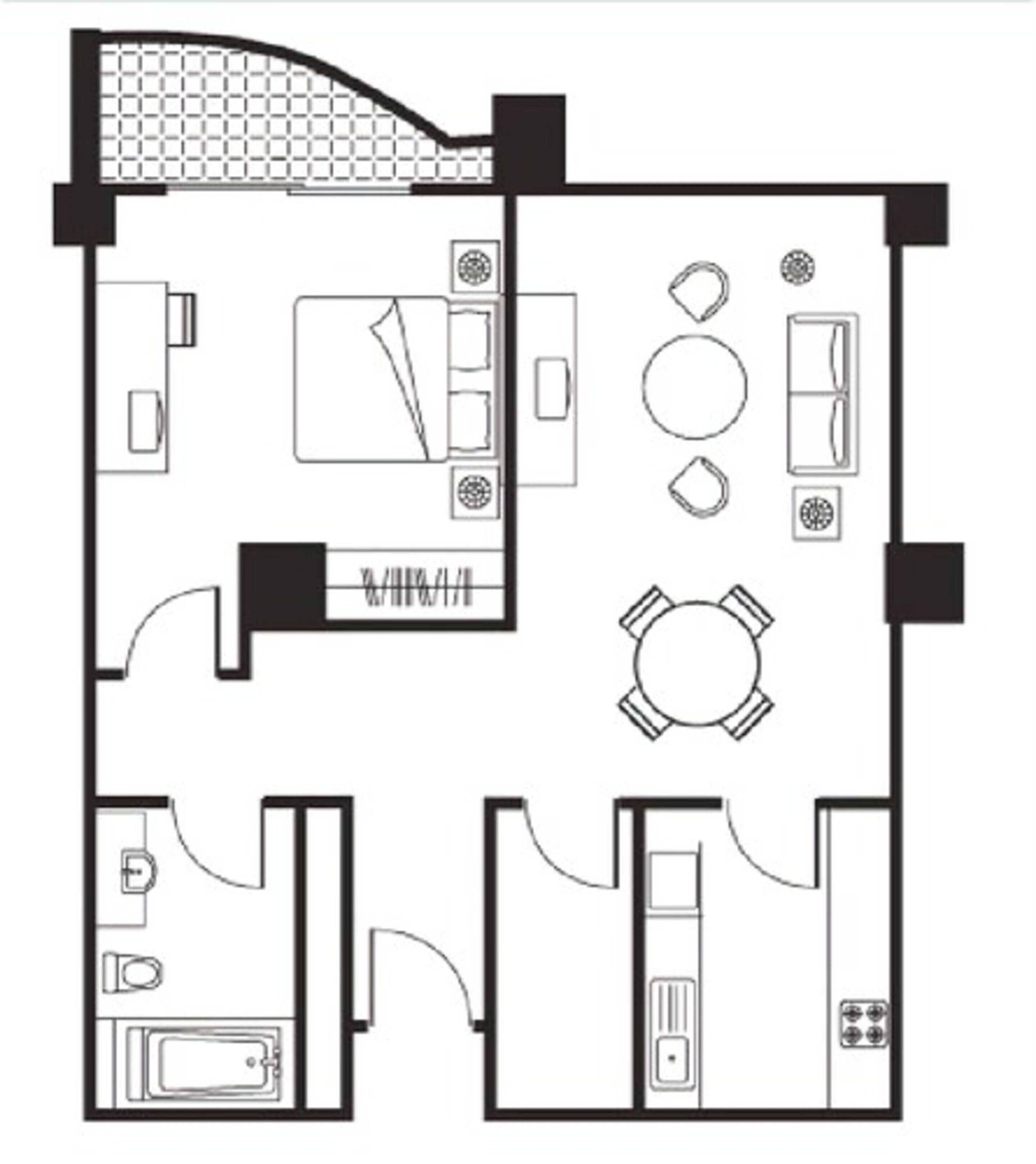 A floor plan of a hotel room with a bathroom, a kitchenette, a dining area, and a small living space.
