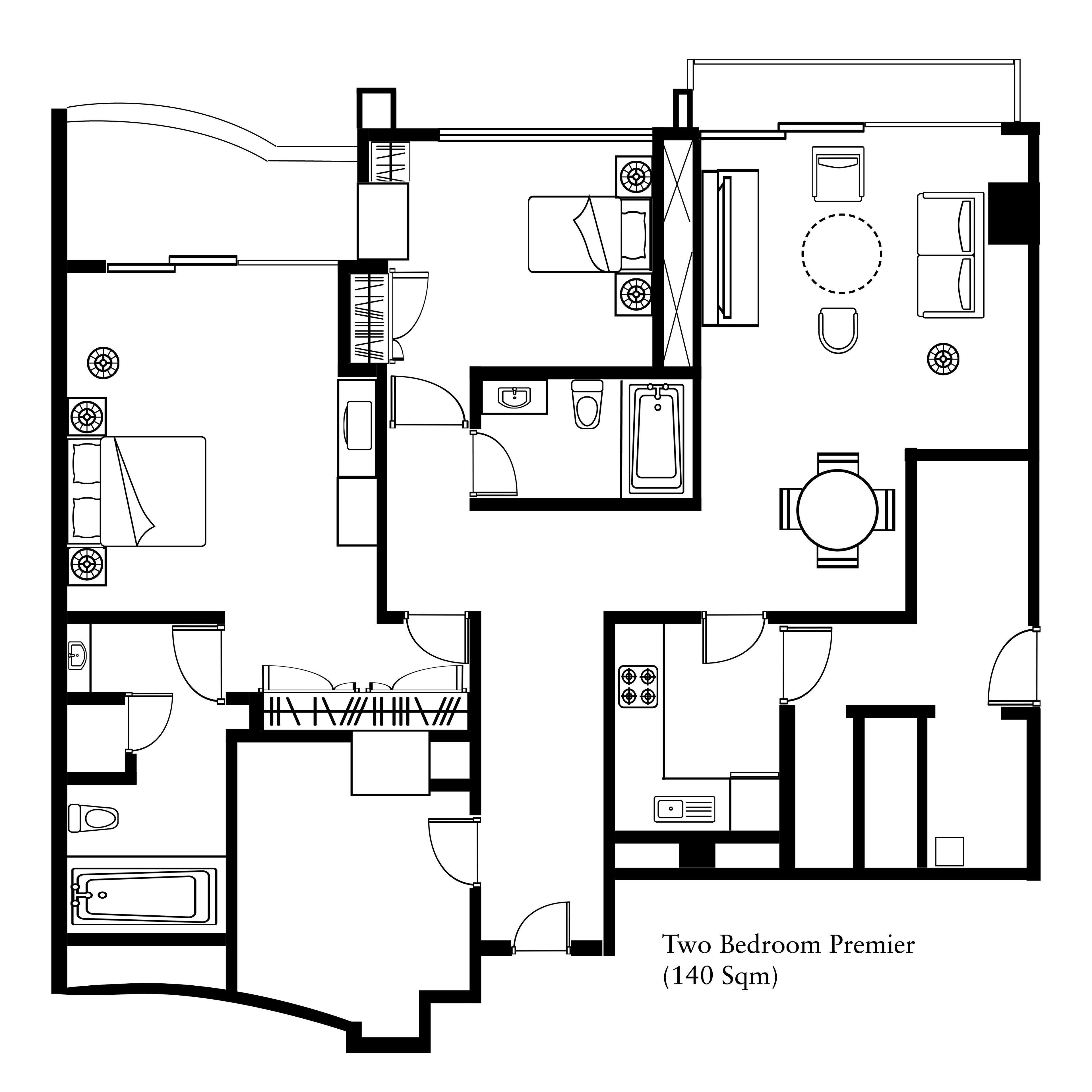 A two-bedroom apartment layout with separate living and dining areas, a kitchen, a bathroom, and a small balcony.
