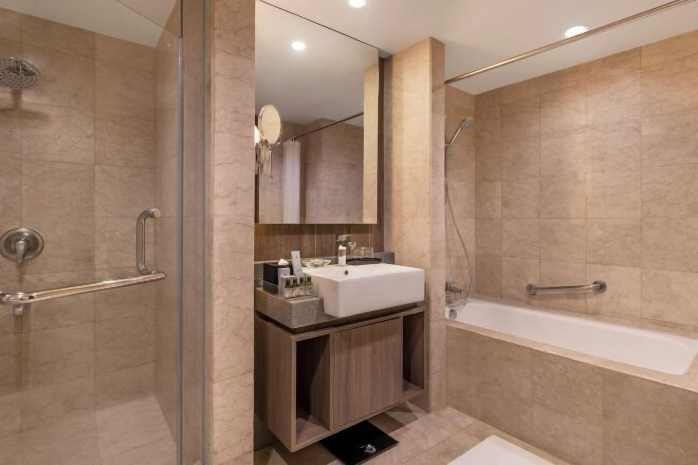 Bathroom | Shower, rainfall showerhead, designer toiletries, hair dryer