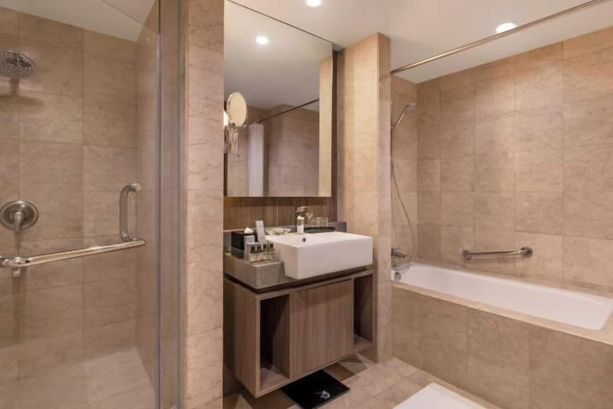 Bathroom | Shower, rainfall showerhead, designer toiletries, hair dryer