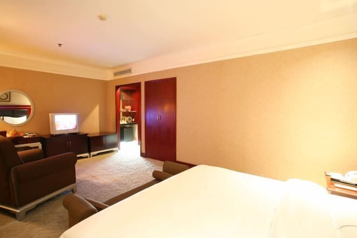 A hotel room with a bed, a desk, a chair, a TV, and a wardrobe.