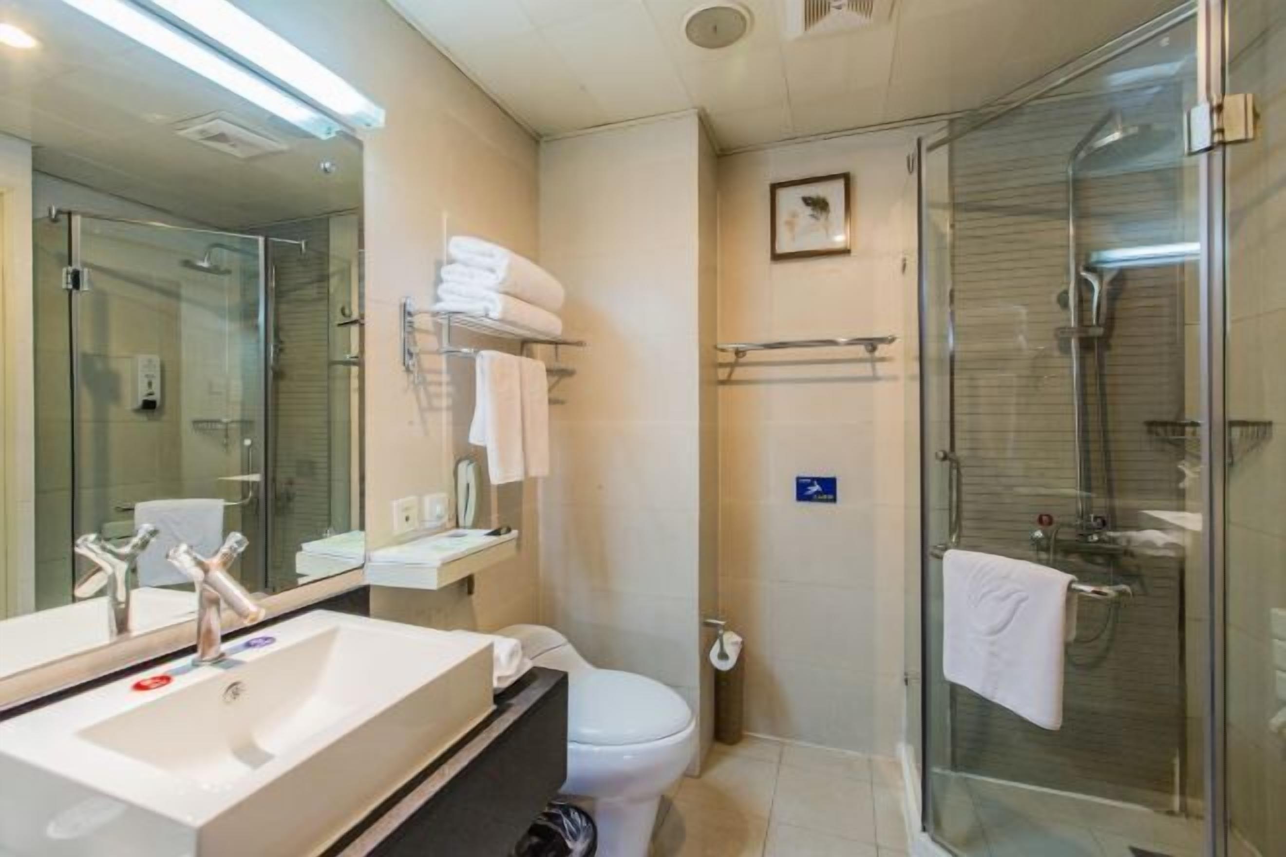 Un baño moderno con ducha de vidrio, lavamanos blanco y retrete.
