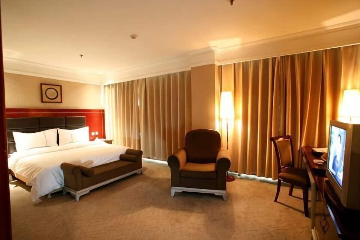 A hotel room with a bed, a sofa, a chair, a desk with a TV, and curtains.