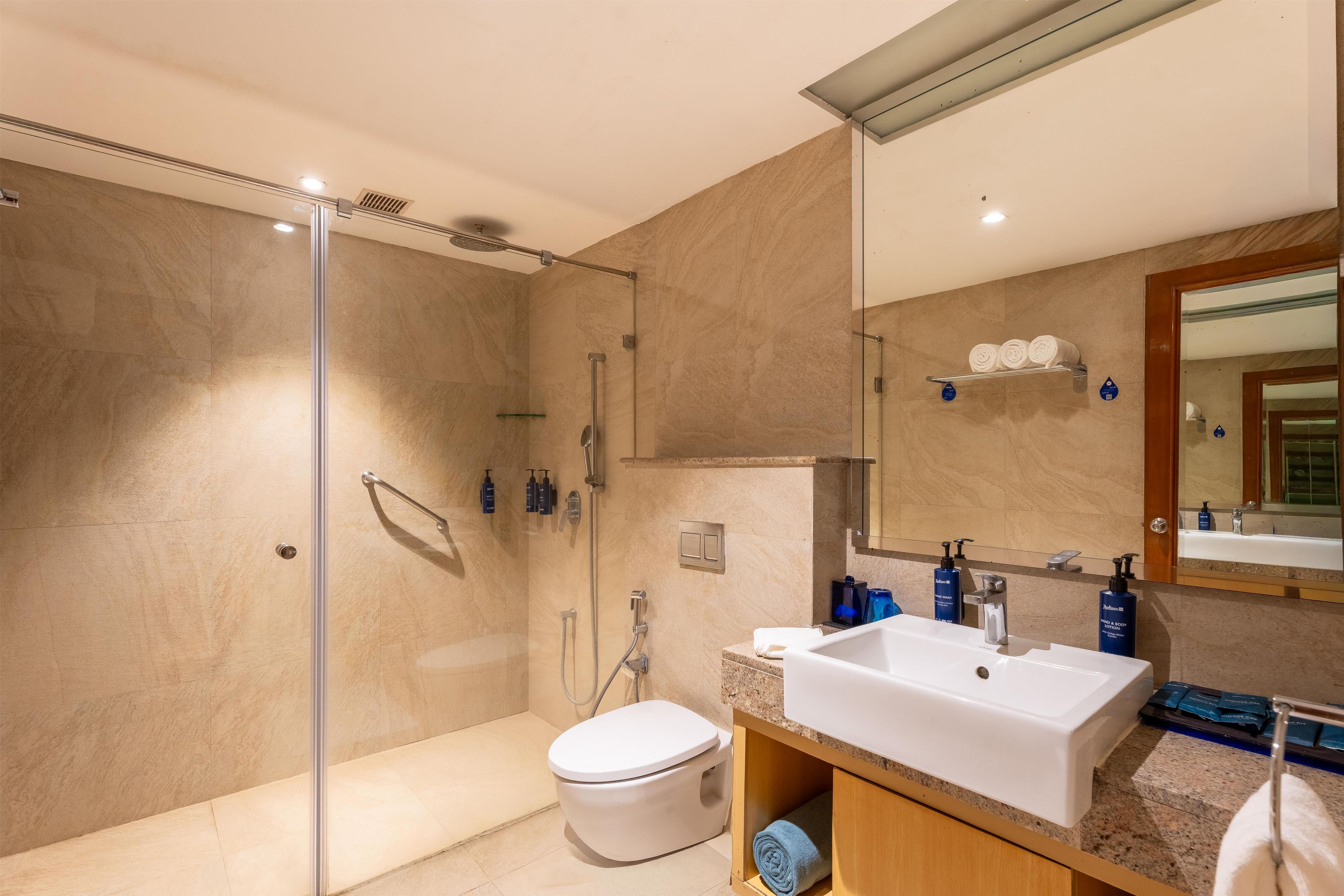 A modern bathroom with a walk-in shower, a toilet, and a sink with a mirror above it.