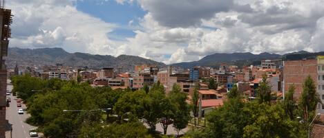 A cityscape with a mix of residential and commercial buildings, a road lined with trees, and mountains in the background.