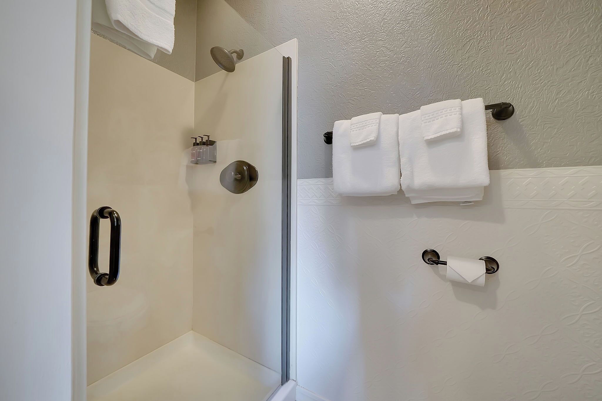Ein Badezimmer mit Dusche, Handtuchhalter mit zwei Handtüchern, Seifenspender und Toilettenpapierhalter.