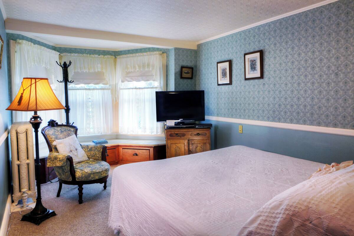 A bedroom with a bed, a chair, a desk, a television, and a radiator.