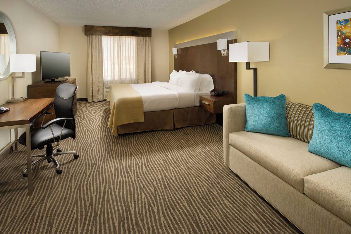 Habitación de hotel con cama, escritorio con silla, sofá, televisor y lámpara.