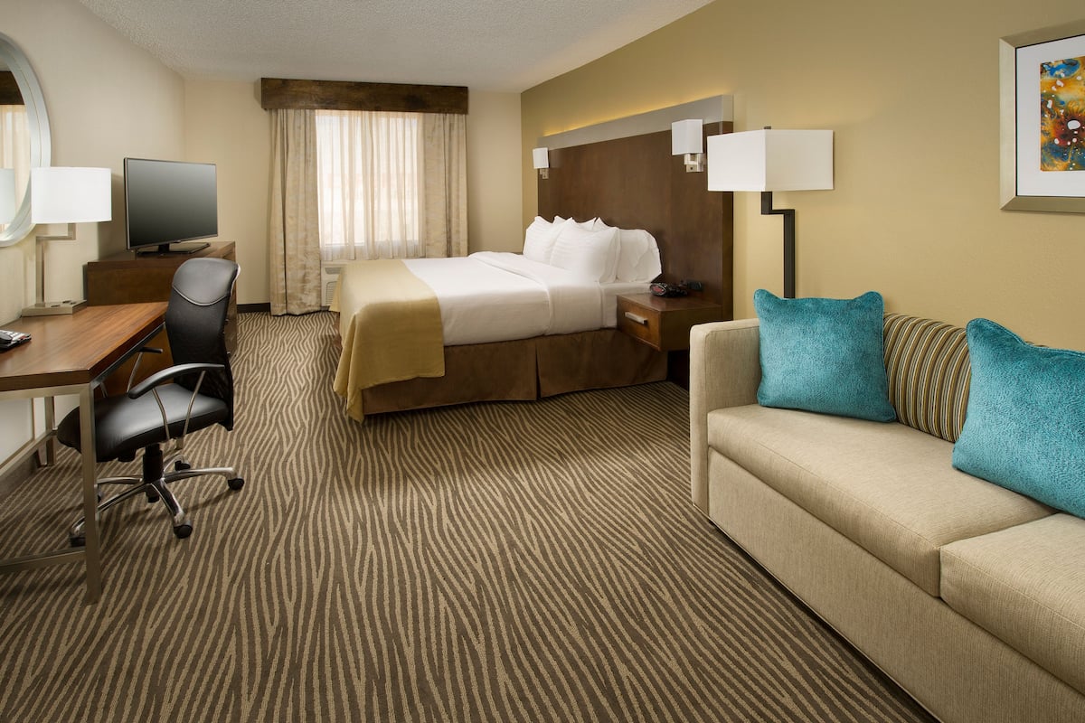 Habitación de hotel con cama, escritorio con silla, sofá, televisor y lámpara.