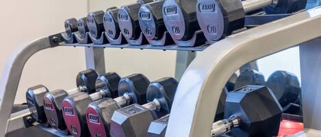 A rack of dumbbells with various weight markings, indicating a gym setting.