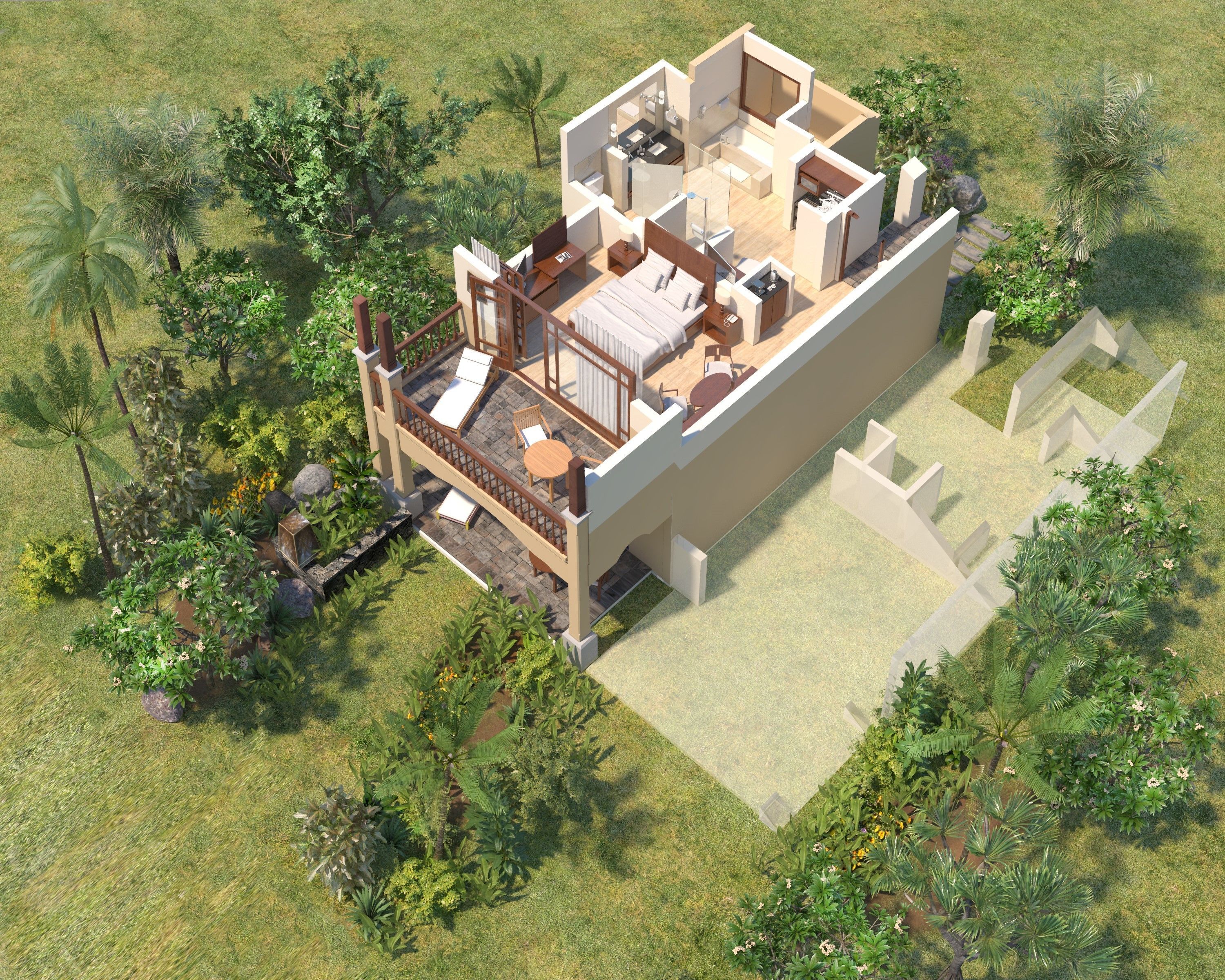 Een modern huis met twee verdiepingen, een terras, een slaapkamer, een badkamer en een keuken.