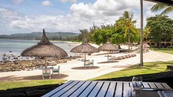 A beachside resort with thatched umbrellas, lounge chairs, and a view of the ocean.
