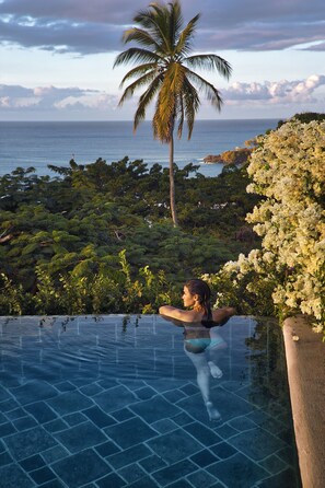 A person in a swimming pool with a view of the ocean and palm trees. - The Villas At Stonehaven (Black Rock)