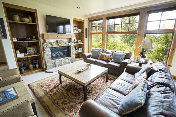 Televisión de pantalla plana y chimenea 