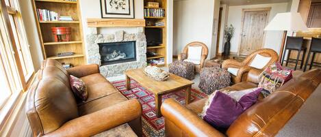 Flat-screen TV, fireplace