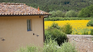 A building with a tiled roof and a window, surrounded by greenery and a field of yellow flowers. - Country Hotel Borgo Sant'Ippolito (Lastra a Signa)