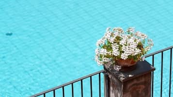 Seasonal outdoor pool, sun loungers