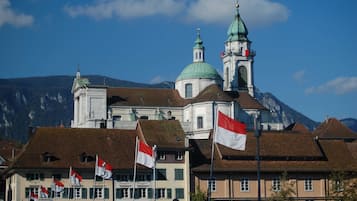 A historic building with a prominent clock tower and green dome, surrounded by traditional architecture and flags.