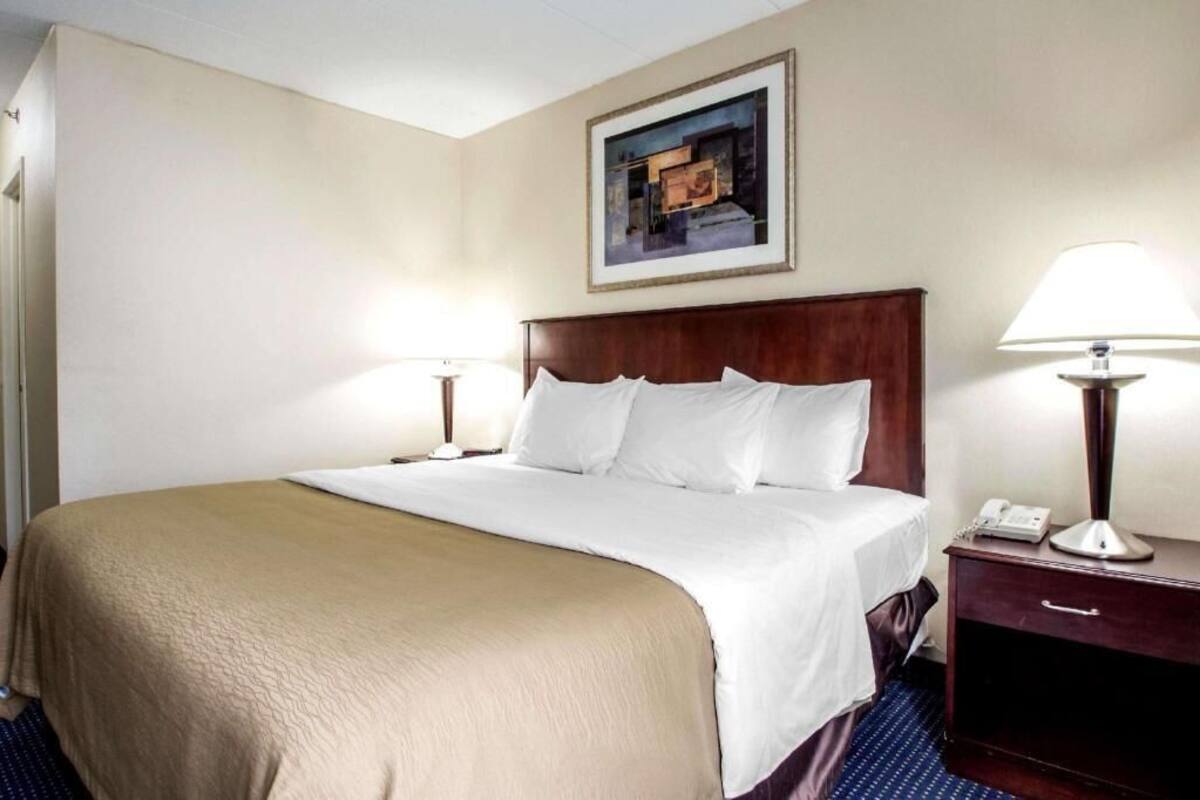 Un cuarto de hotel con una cama grande, dos mesitas de noche con lámparas, un cuadro enmarcado en la pared y una mesita de noche de madera oscura.