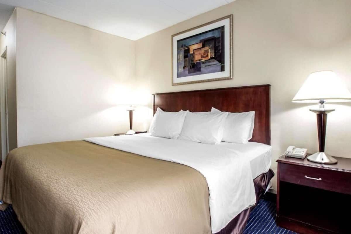 A hotel room with a large bed, two bedside tables with lamps, a framed picture on the wall, and a dark wooden nightstand.