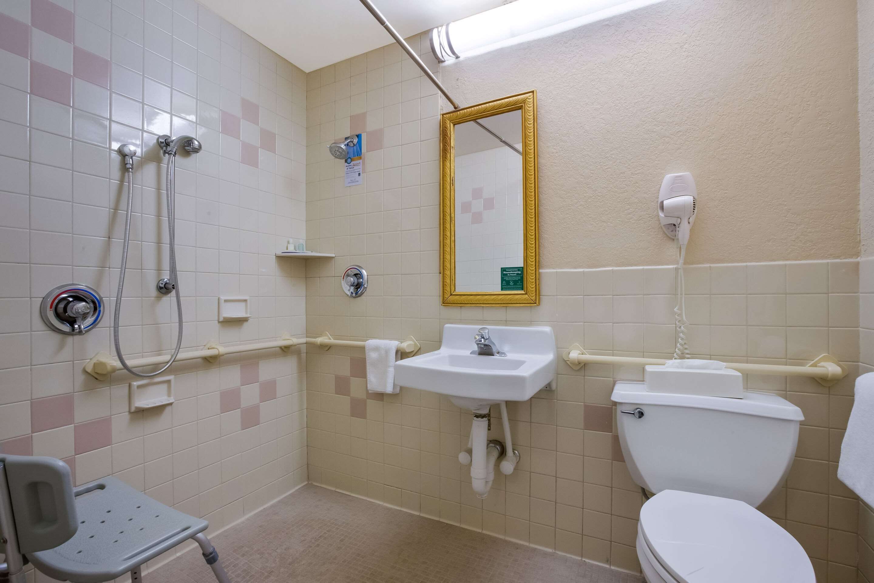 Un bagno con doccia, lavandino, toilette e una panca accessibile in sedia a rotelle.