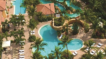 Relax by the resort's large pool surrounded by palm trees and lounge chairs.