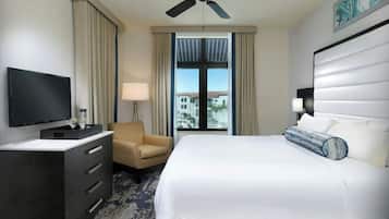 Ein Hotelzimmer mit Bett, Fernseher, Schreibtisch, Stuhl und Deckenventilator.