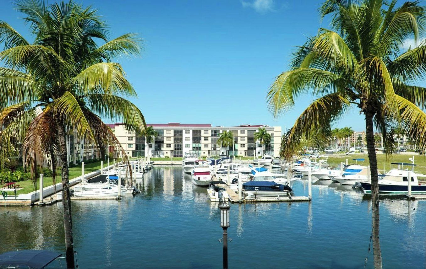 A marina with boats docked, surrounded by palm trees and a building with a red roof.