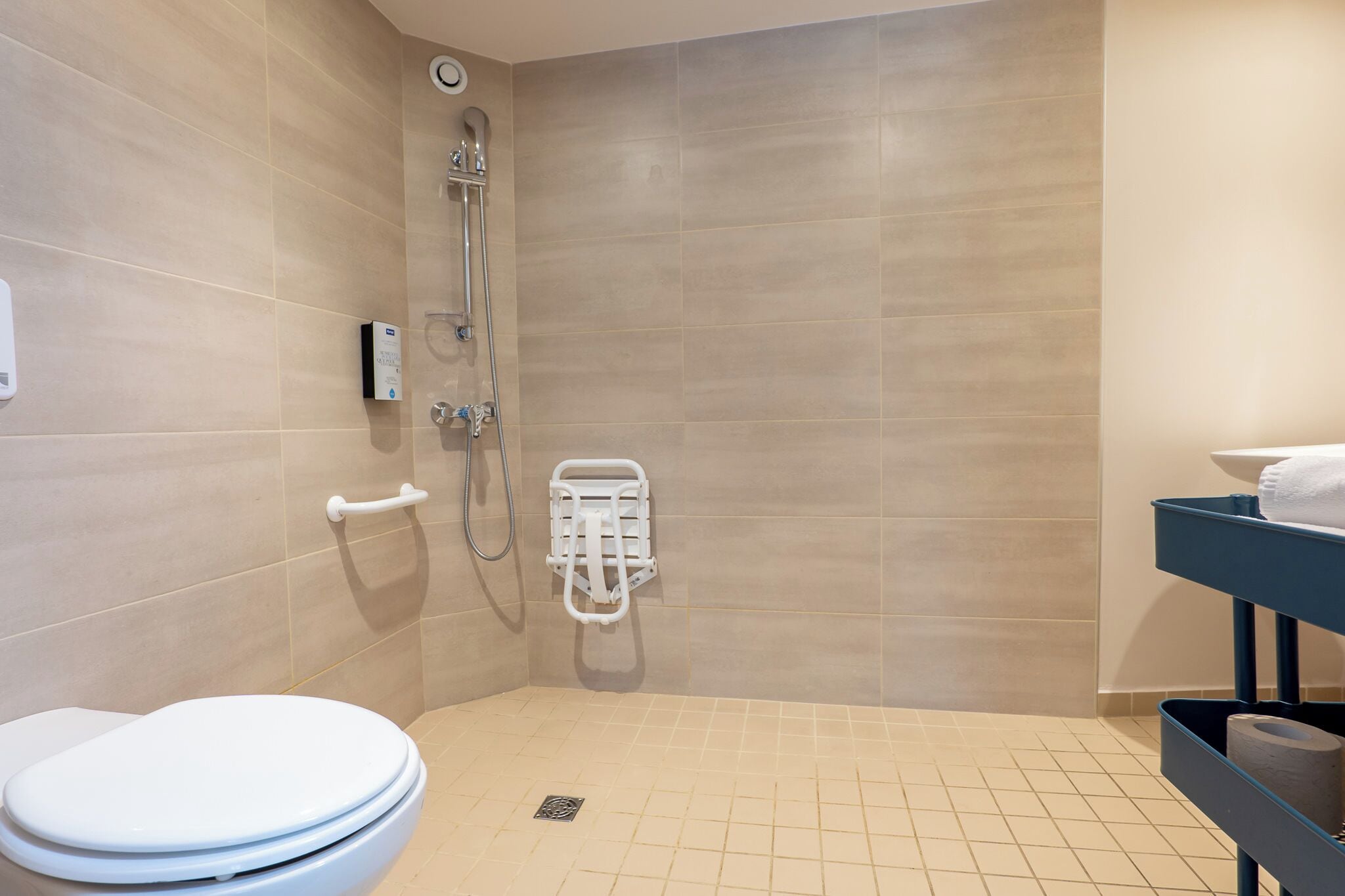 A modern bathroom with a toilet, a shower with a handheld showerhead, a towel rack, and a trash bin.