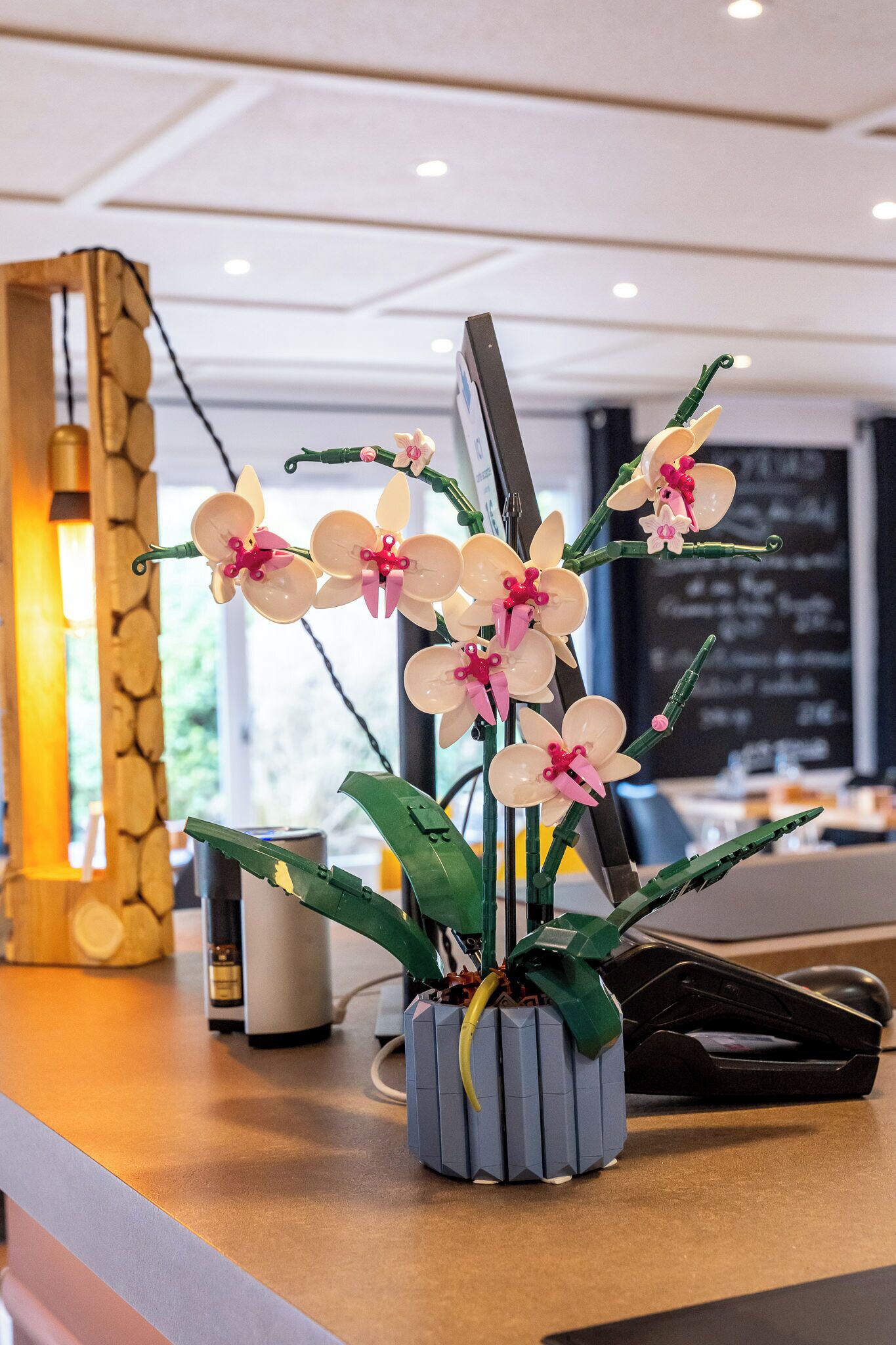A reception desk with a potted orchid plant, a wooden decorative piece, and a chalkboard menu in the background.