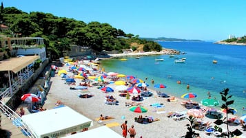 On the beach, sun loungers, beach umbrellas, snorkeling